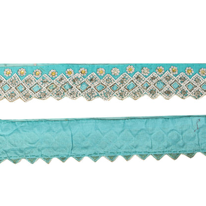 Sanskriti Vintage Hand Bead Pure Chiffon 1 Yd 2.5"W Sari Border Blue Craft Lace