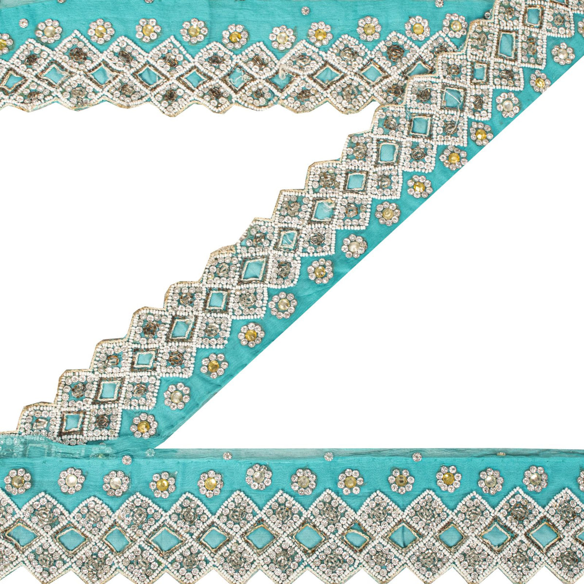 Sanskriti Vintage Hand Bead Pure Chiffon 1 Yd 2.5"W Sari Border Blue Craft Lace