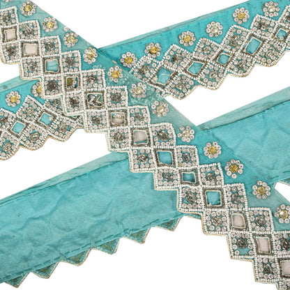 Sanskriti Vintage Hand Bead Pure Chiffon 1 Yd 2.5"W Sari Border Blue Craft Lace