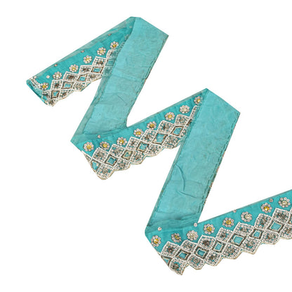 Sanskriti Vintage Hand Bead Pure Chiffon 1 Yd 2.5"W Sari Border Blue Craft Lace