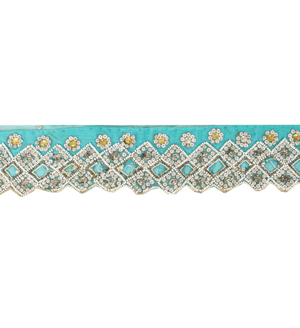 Sanskriti Vintage Hand Bead Pure Chiffon 1 Yd 2.5"W Sari Border Blue Craft Lace