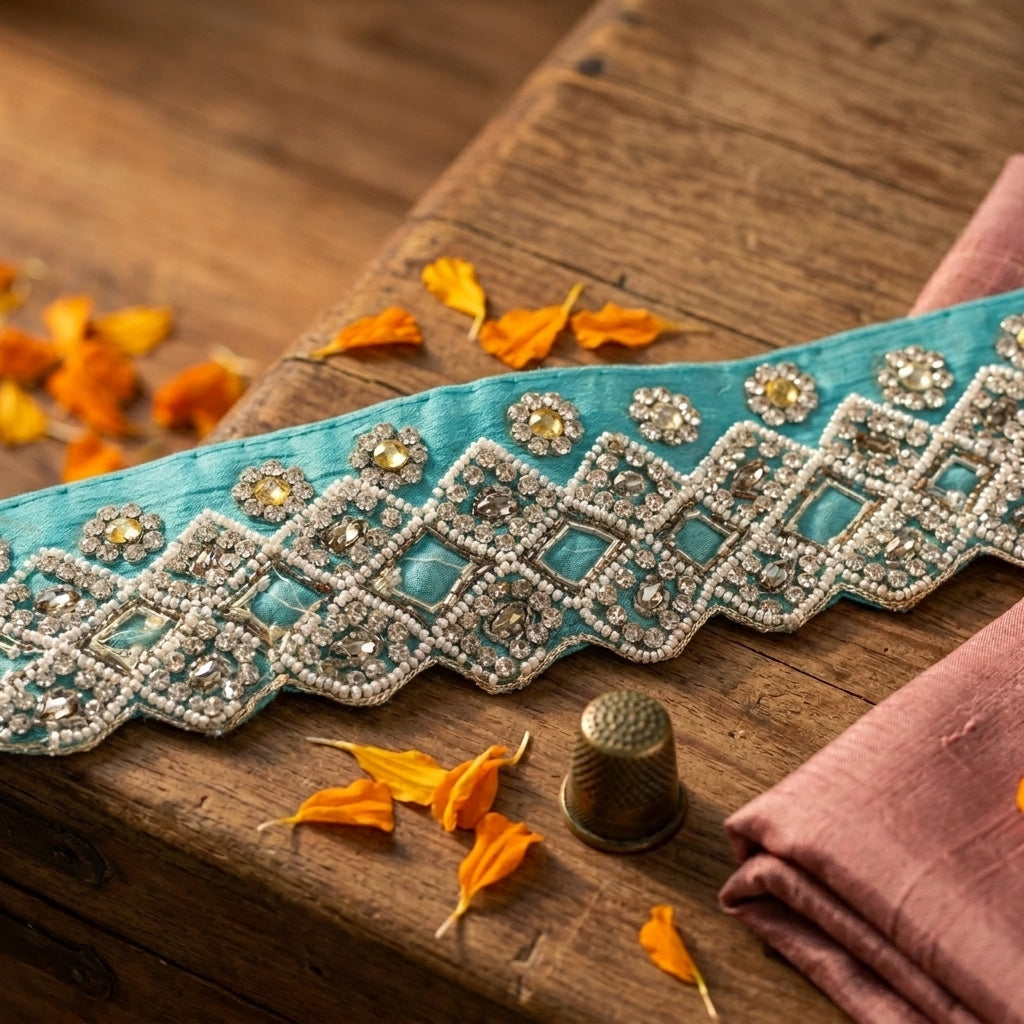 Sanskriti Vintage Hand Bead Pure Chiffon 1 Yd 2.5"W Sari Border Blue Craft Lace