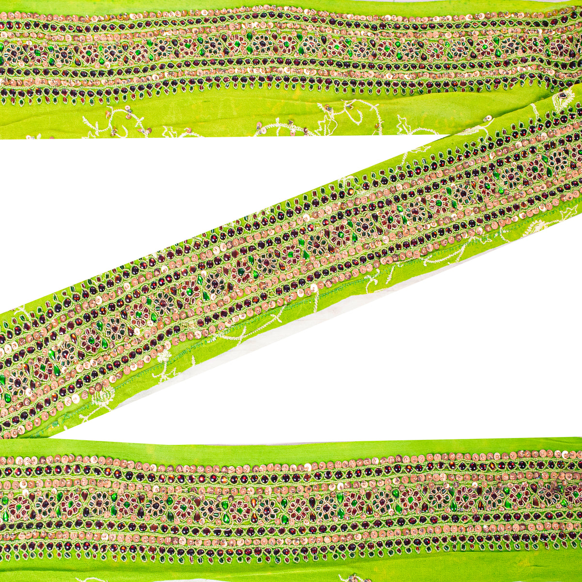 Sanskriti Vintage Hand Embroidered Heavy 1 Yard Sari Border Georgette Green Lace