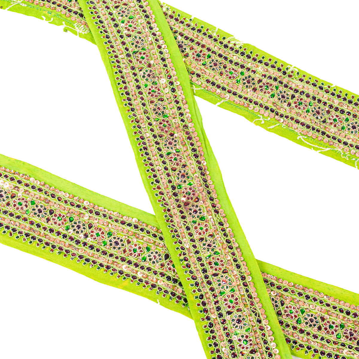 Sanskriti Vintage Hand Embroidered Heavy 1 Yard Sari Border Georgette Green Lace