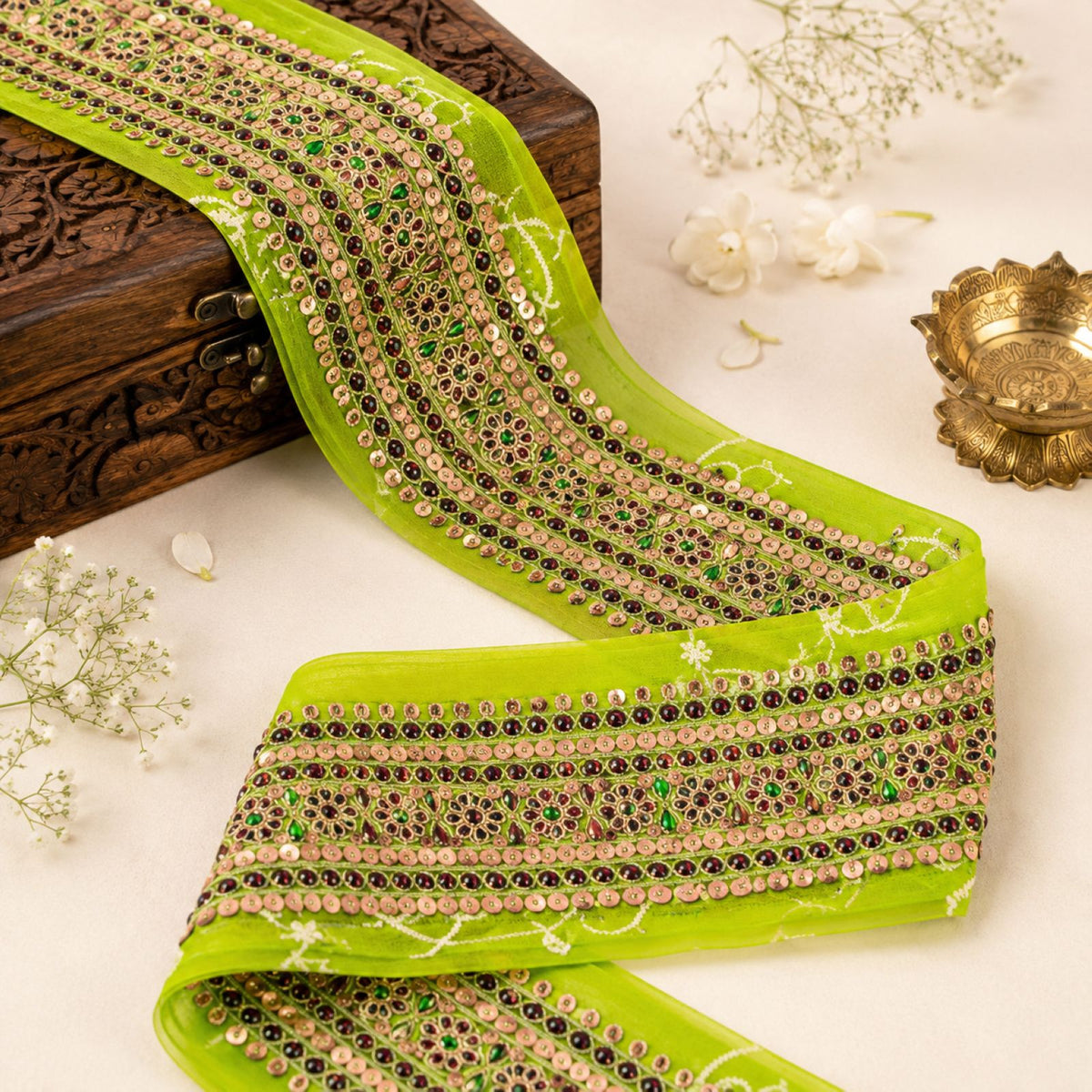 Sanskriti Vintage Hand Embroidered Heavy 1 Yard Sari Border Georgette Green Lace