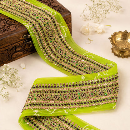 Sanskriti Vintage Hand Embroidered Heavy 1 Yard Sari Border Georgette Green Lace