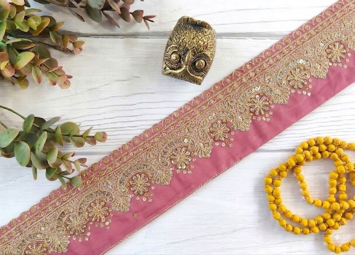 Sanskriti Vintage Hand Embroidery Pure Georgette Heavy Sari Border 1Yd Pink Lace