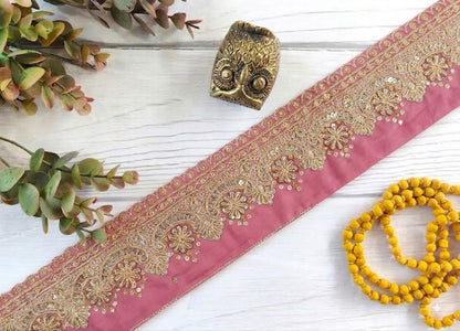 Sanskriti Vintage Hand Embroidery Pure Georgette Heavy Sari Border 1Yd Pink Lace