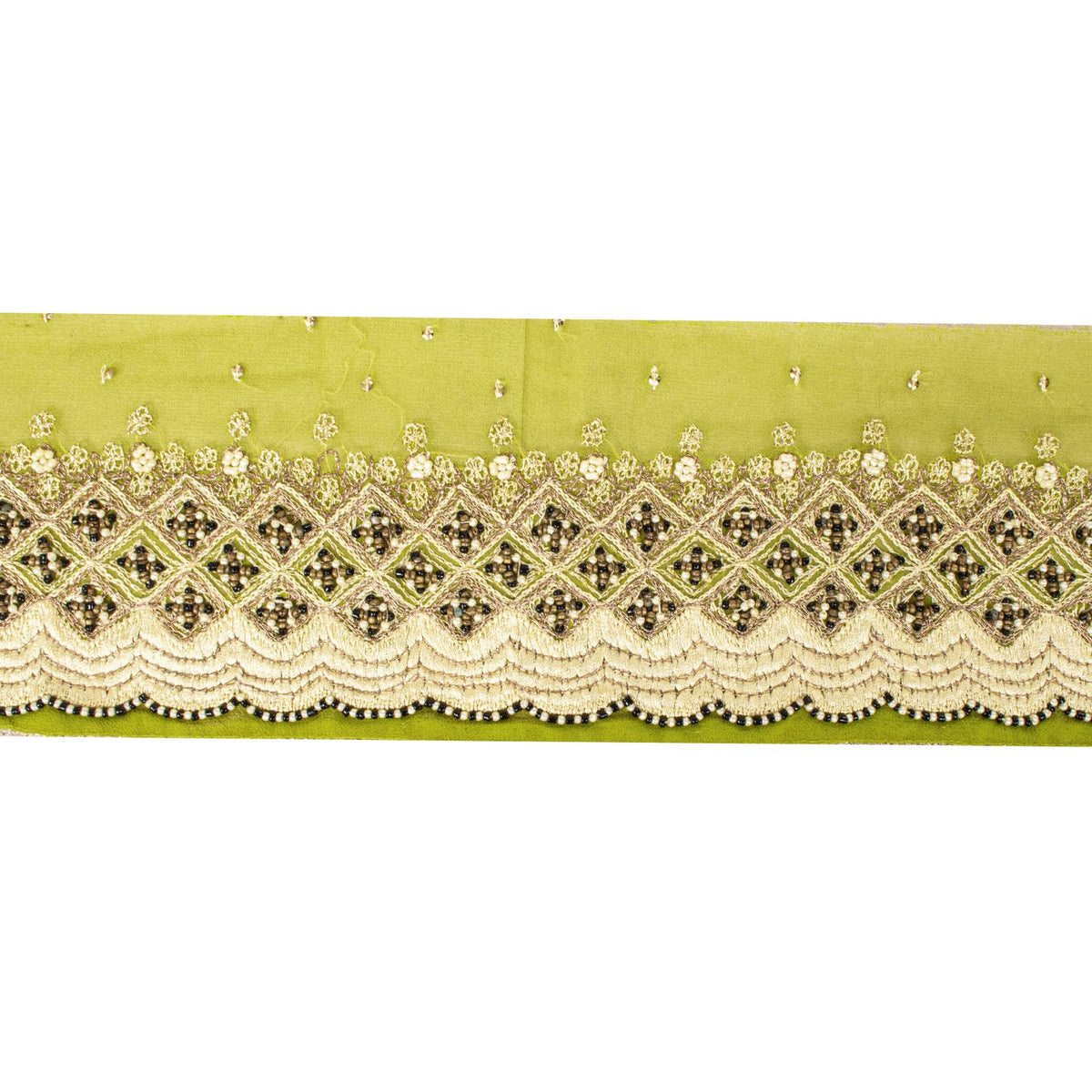 Sanskriti Vintage Hand Embroidered Heavy 1 Yard Sari Border Georgette Green Lace