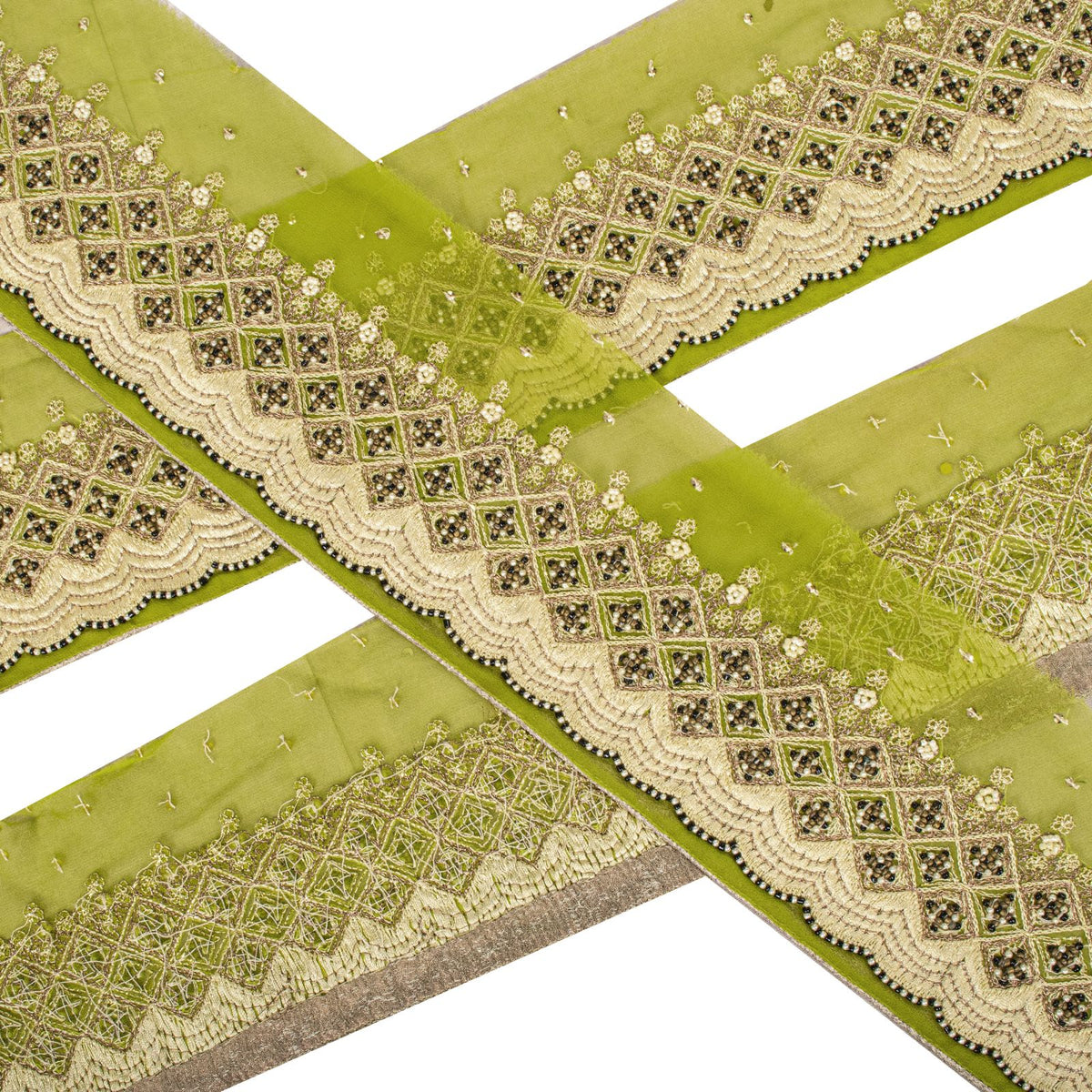Sanskriti Vintage Hand Embroidered Heavy 1 Yard Sari Border Georgette Green Lace