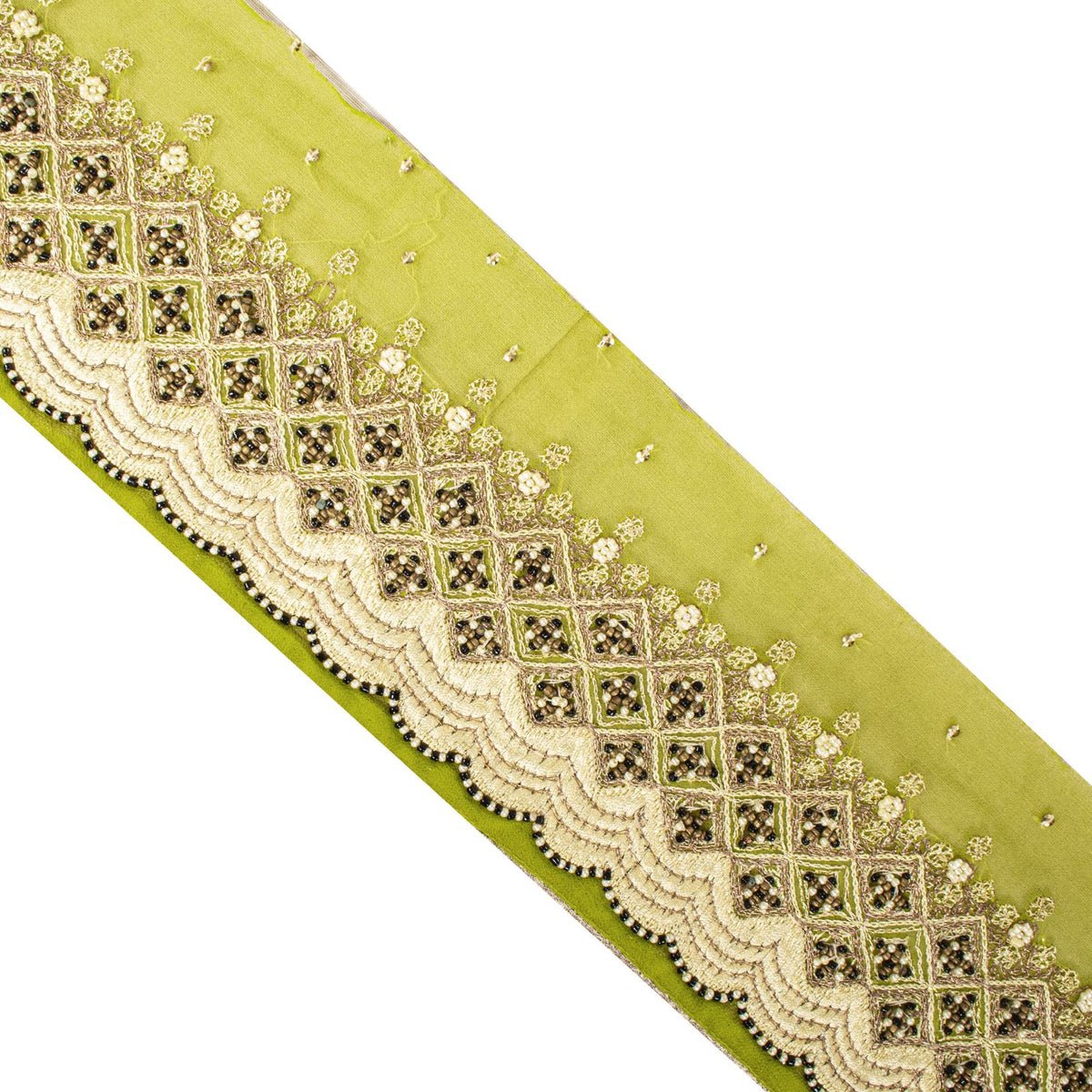 Sanskriti Vintage Hand Embroidered Heavy 1 Yard Sari Border Georgette Green Lace