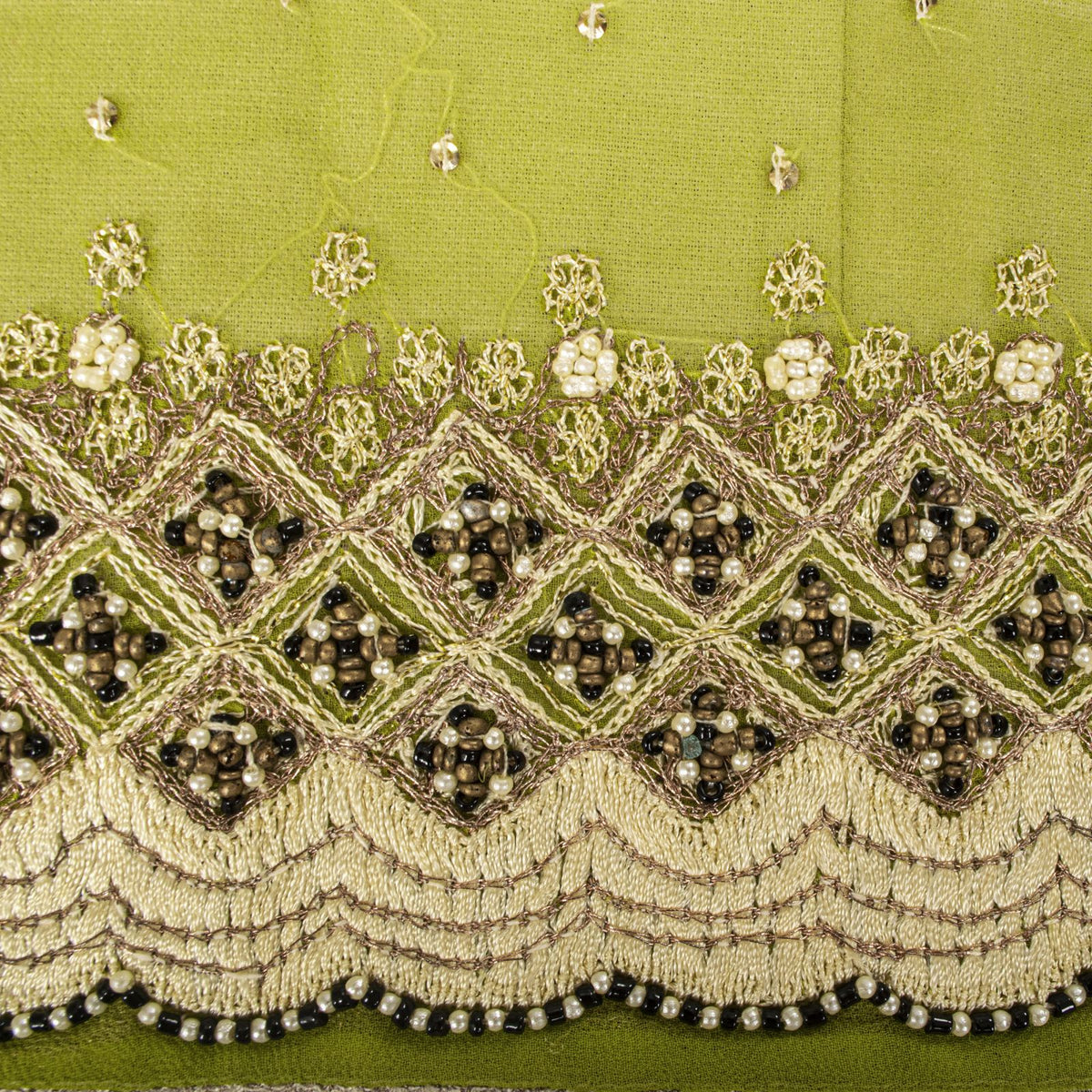 Sanskriti Vintage Hand Embroidered Heavy 1 Yard Sari Border Georgette Green Lace