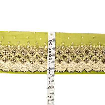 Sanskriti Vintage Hand Embroidered Heavy 1 Yard Sari Border Georgette Green Lace