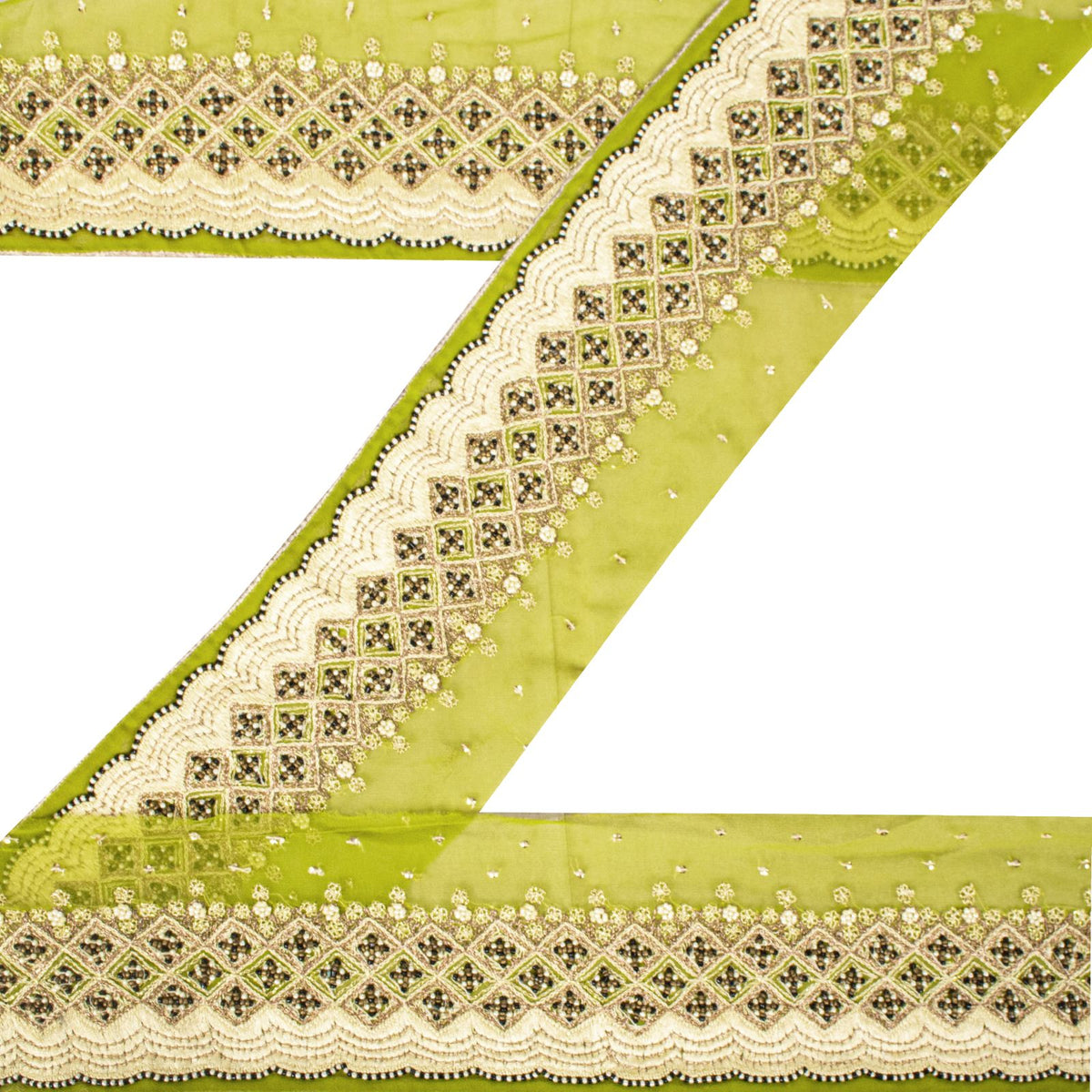 Sanskriti Vintage Hand Embroidered Heavy 1 Yard Sari Border Georgette Green Lace