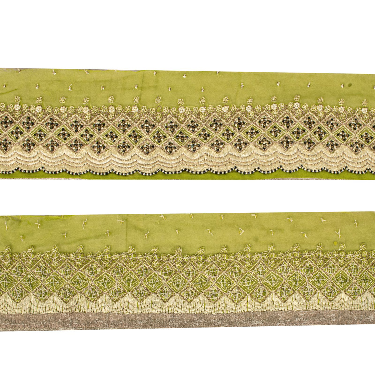 Sanskriti Vintage Hand Embroidered Heavy 1 Yard Sari Border Georgette Green Lace
