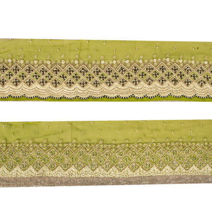 Sanskriti Vintage Hand Embroidered Heavy 1 Yard Sari Border Georgette Green Lace