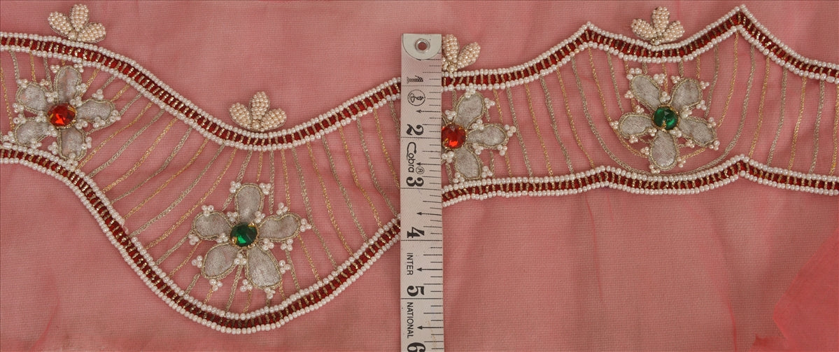 Sanskriti Vintage Hand Beaded Heavy 1 Yard Sari Border Georgette Pink Craft Lace