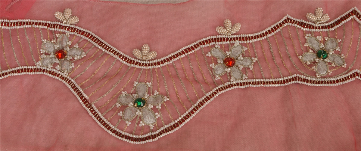 Sanskriti Vintage Hand Beaded Heavy 1 Yard Sari Border Georgette Pink Craft Lace