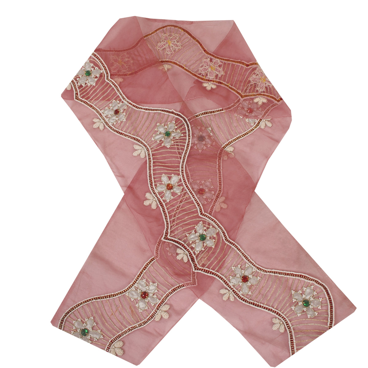 Sanskriti Vintage Hand Beaded Heavy 1 Yard Sari Border Georgette Pink Craft Lace