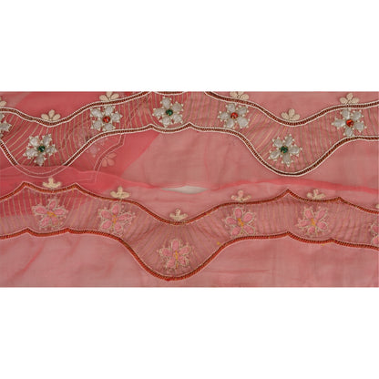 Sanskriti Vintage Hand Beaded Heavy 1 Yard Sari Border Georgette Pink Craft Lace