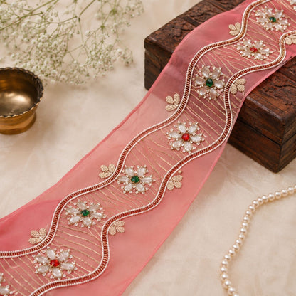 Sanskriti Vintage Hand Beaded Heavy 1 Yard Sari Border Georgette Pink Craft Lace