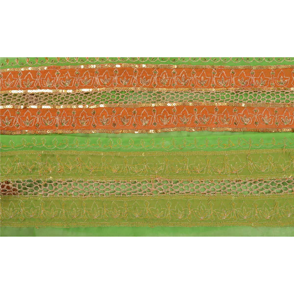 Sanskriti Vintage Hand Embroidered Georgette Heavy Sari Border 1 Yd Green Lace