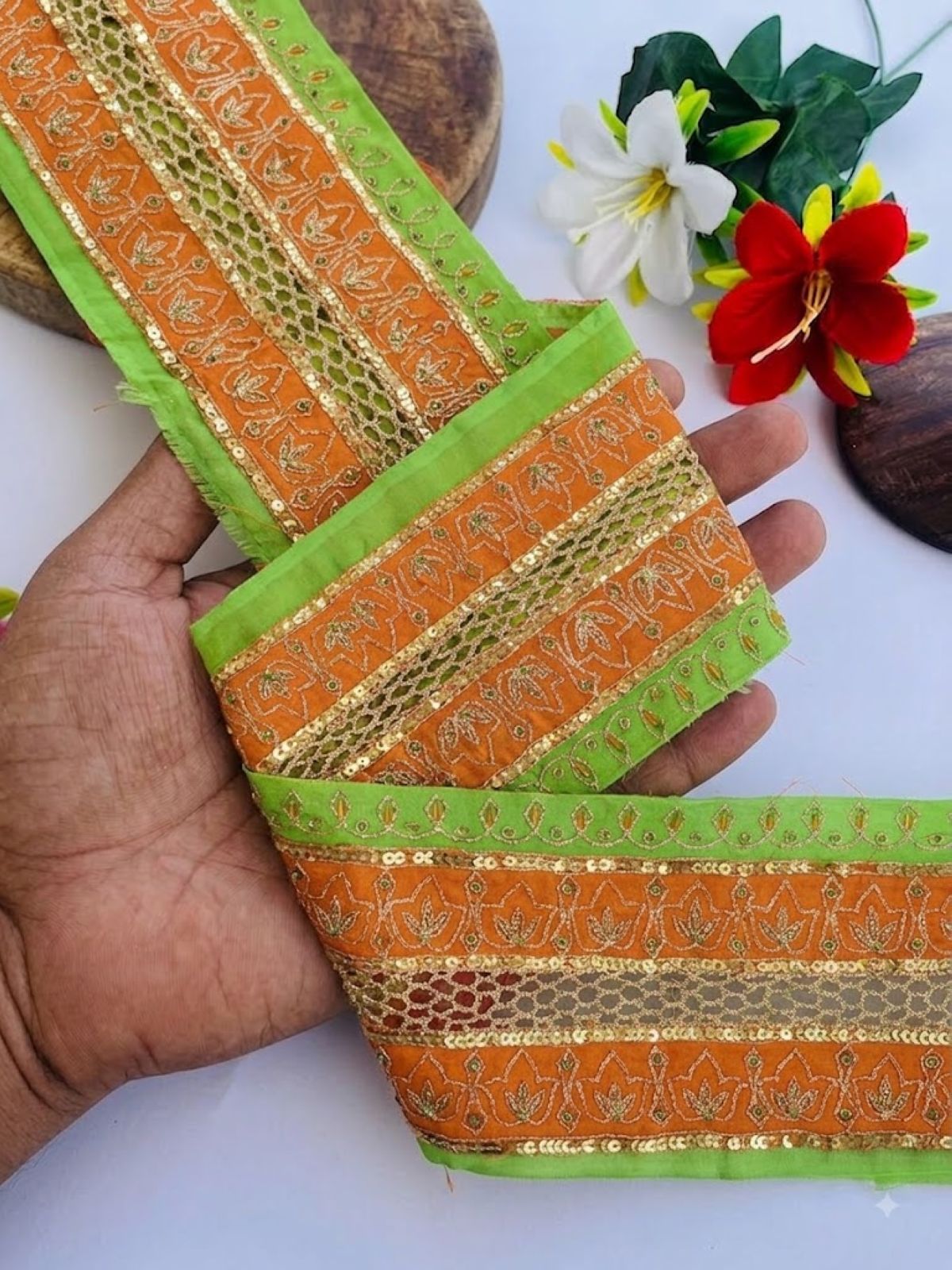 Sanskriti Vintage Hand Embroidered Georgette Heavy Sari Border 1 Yd Green Lace