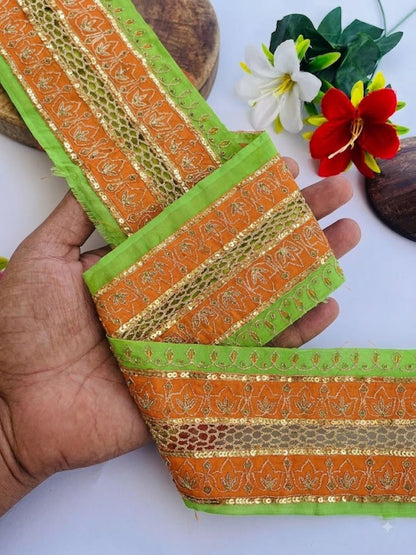 Sanskriti Vintage Hand Embroidered Georgette Heavy Sari Border 1 Yd Green Lace