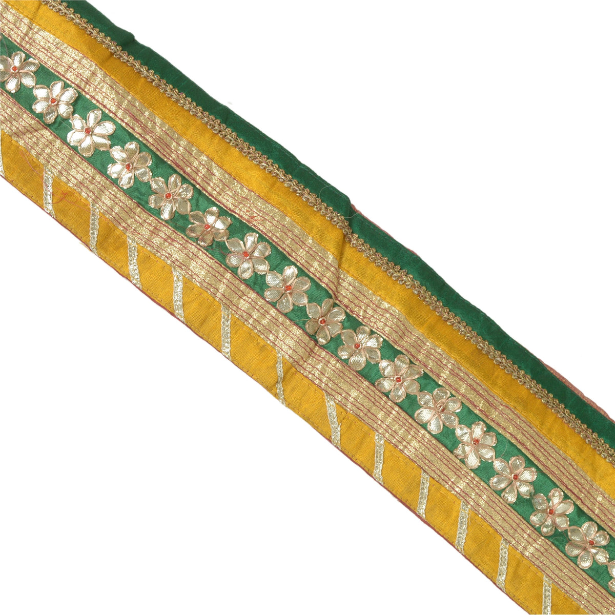 Sanskriti Vintage Hand Embroidered Heavy 1 Yard Sari Border Art Silk Yellow Lace