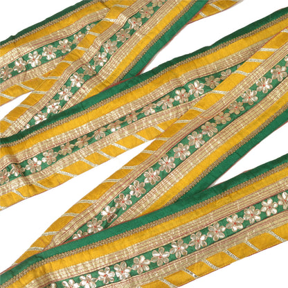 Sanskriti Vintage Hand Embroidered Heavy 1 Yard Sari Border Art Silk Yellow Lace