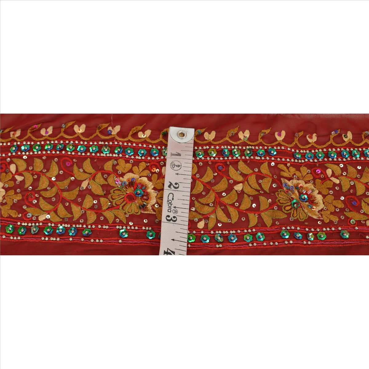 Sanskriti Vintage Hand Embroidered Heavy 1 Yard Sari Border Georgette Red Lace