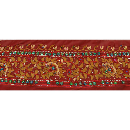 Sanskriti Vintage Hand Embroidered Heavy 1 Yard Sari Border Georgette Red Lace