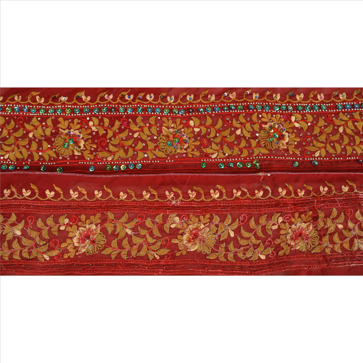 Sanskriti Vintage Hand Embroidered Heavy 1 Yard Sari Border Georgette Red Lace