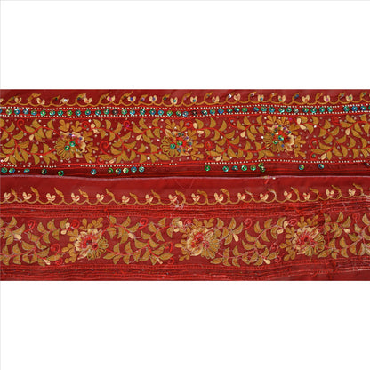 Sanskriti Vintage Hand Embroidered Heavy 1 Yard Sari Border Georgette Red Lace