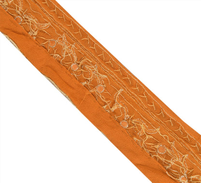 Sanskriti Vintage Hand Embroidered Georgette Heavy Sari Border 1 Yd Saffron Lace