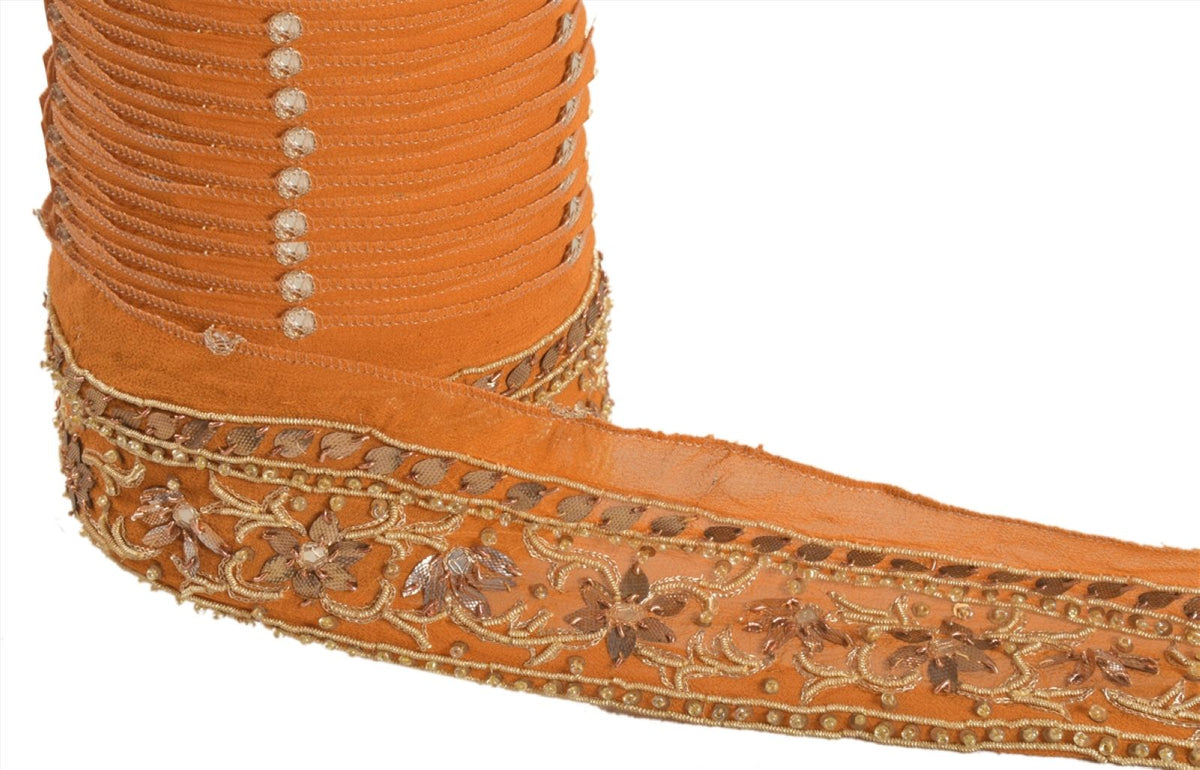 Sanskriti Vintage Hand Embroidered Georgette Heavy Sari Border 1 Yd Saffron Lace