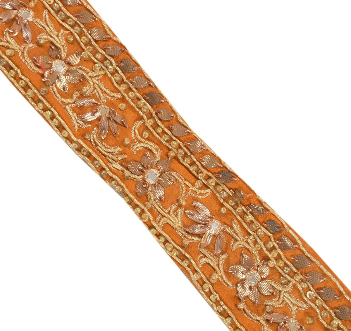 Sanskriti Vintage Hand Embroidered Georgette Heavy Sari Border 1 Yd Saffron Lace