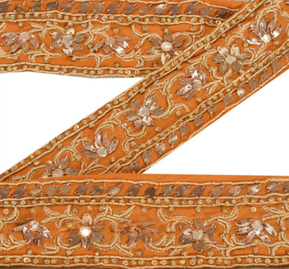 Sanskriti Vintage Hand Embroidered Georgette Heavy Sari Border 1 Yd Saffron Lace