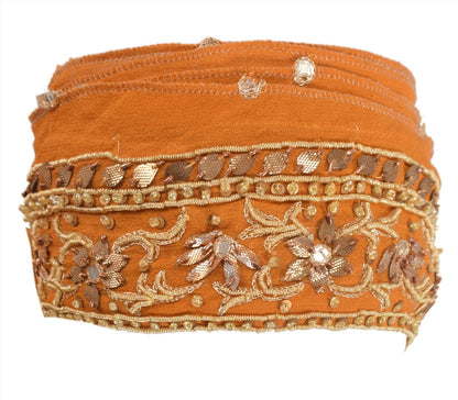 Sanskriti Vintage Hand Embroidered Georgette Heavy Sari Border 1 Yd Saffron Lace