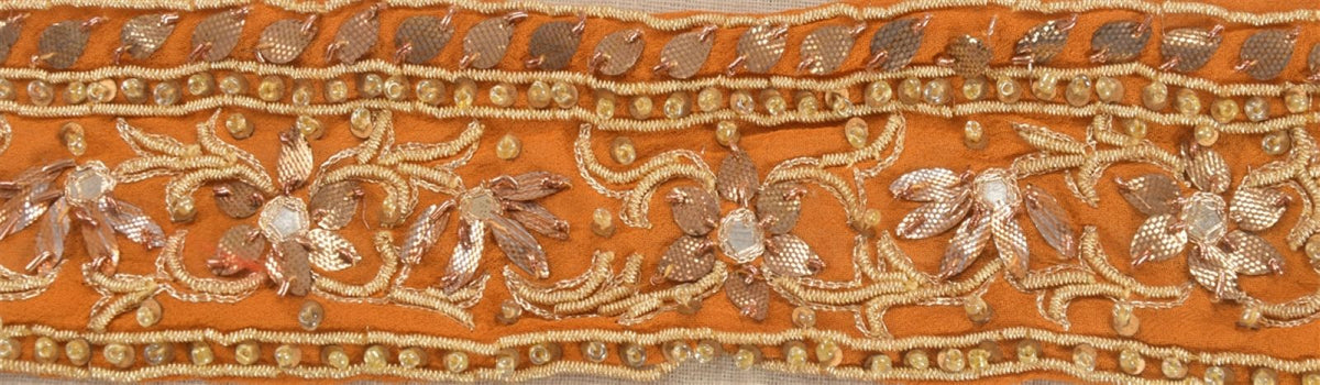 Sanskriti Vintage Hand Embroidered Georgette Heavy Sari Border 1 Yd Saffron Lace