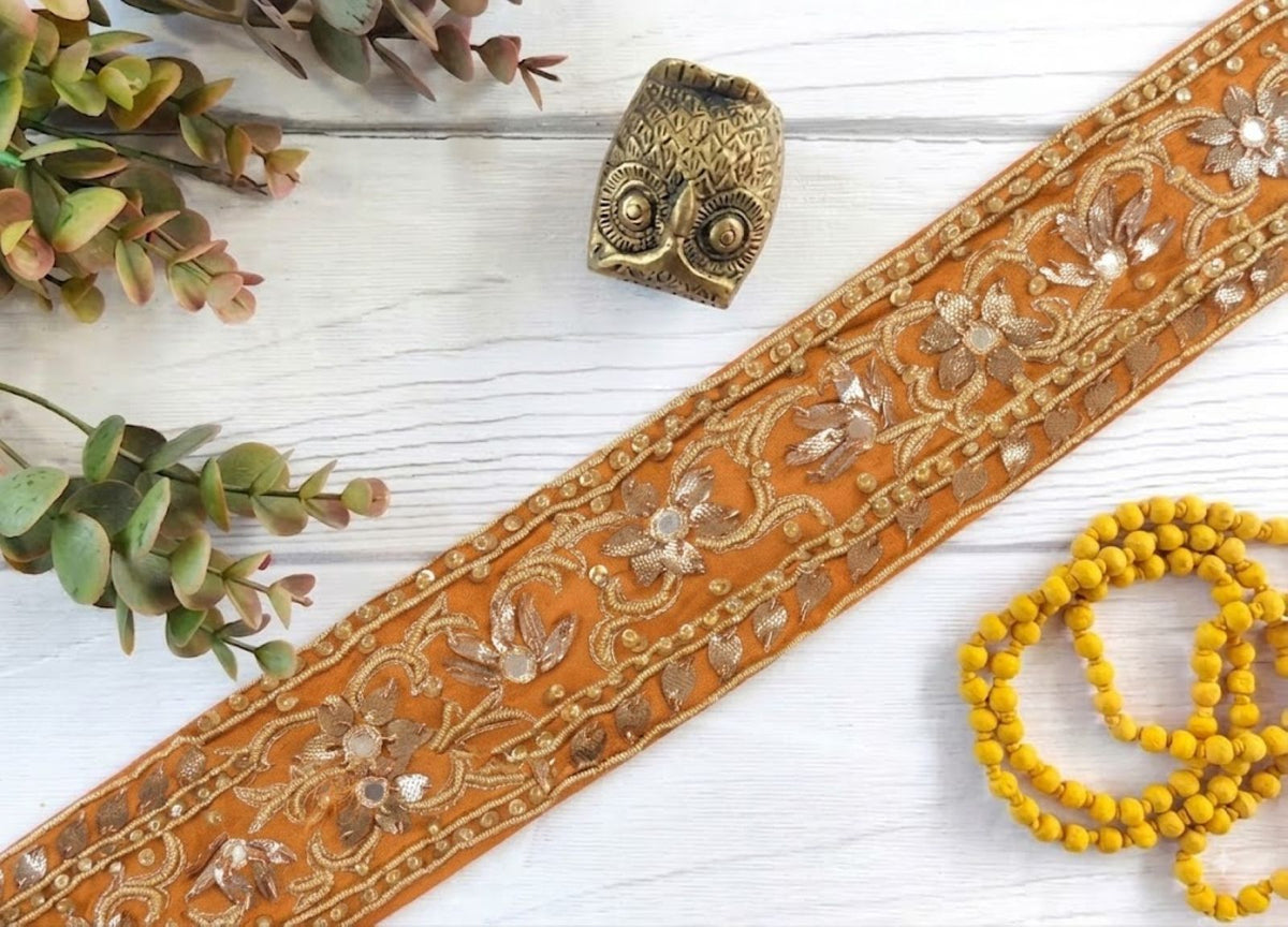 Sanskriti Vintage Hand Embroidered Georgette Heavy Sari Border 1 Yd Saffron Lace