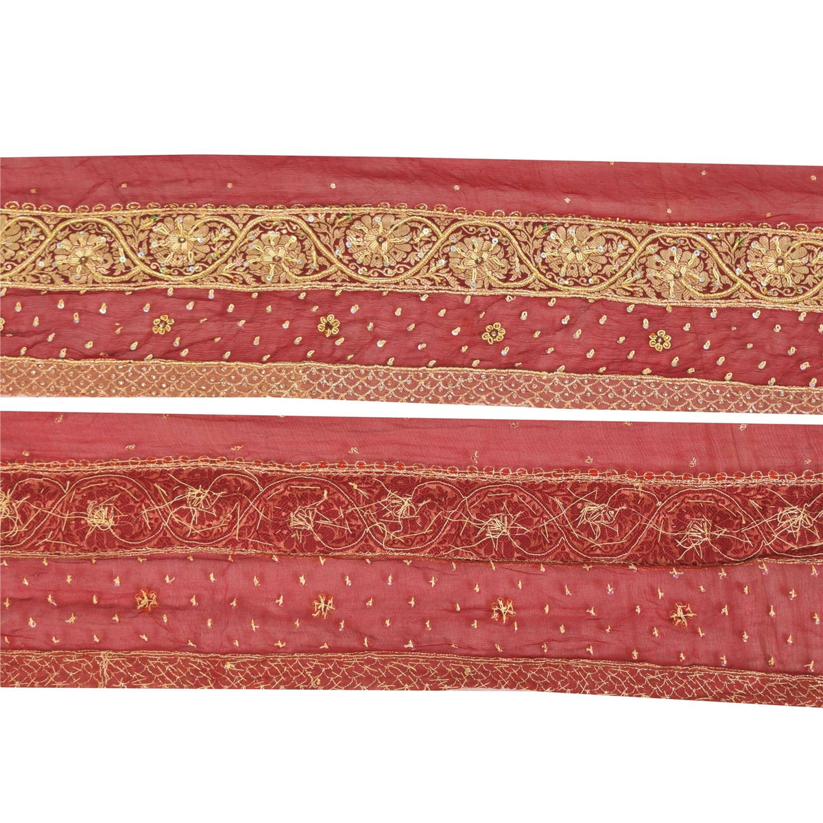 Sanskriti Vintage Hand Embroidered Chiffon Heavy Sari Border 1 Yd 6.4"W Red Lace