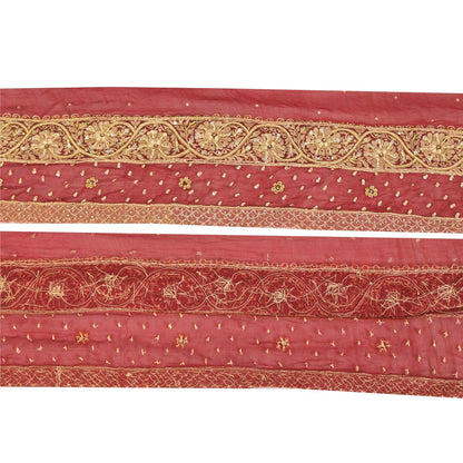 Sanskriti Vintage Hand Embroidered Chiffon Heavy Sari Border 1 Yd 6.4"W Red Lace