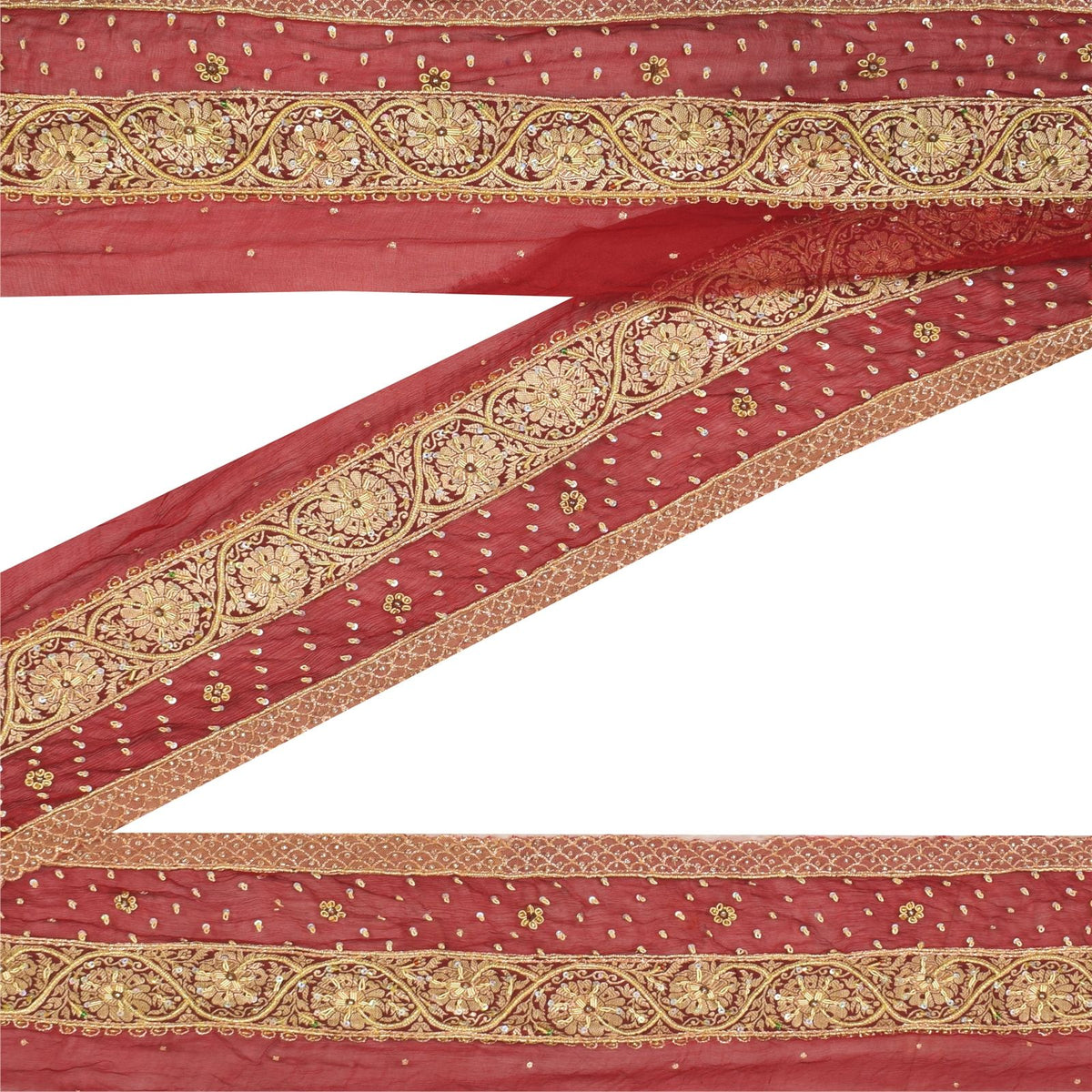 Sanskriti Vintage Hand Embroidered Chiffon Heavy Sari Border 1 Yd 6.4"W Red Lace