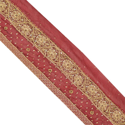 Sanskriti Vintage Hand Embroidered Chiffon Heavy Sari Border 1 Yd 6.4"W Red Lace