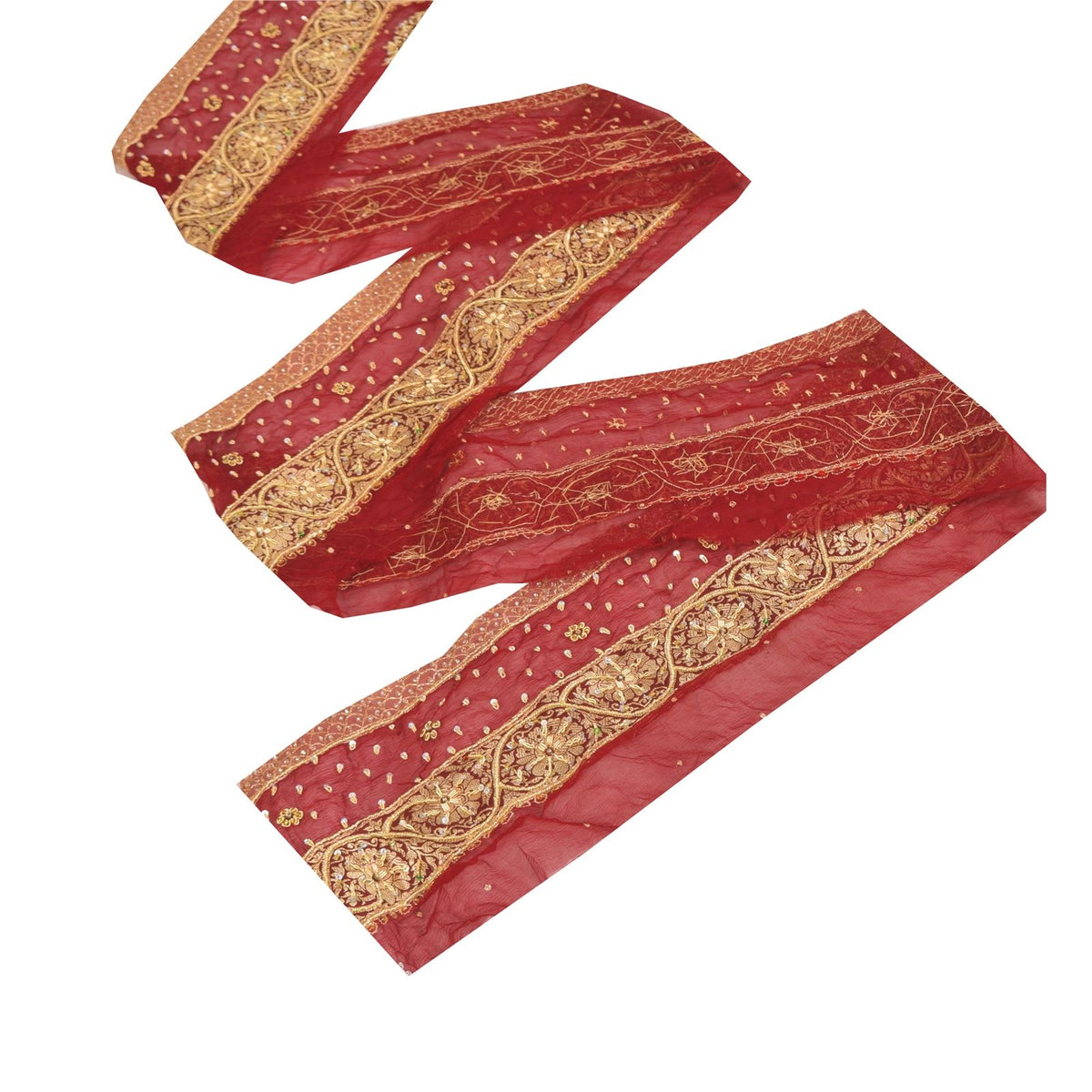 Sanskriti Vintage Hand Embroidered Chiffon Heavy Sari Border 1 Yd 6.4"W Red Lace