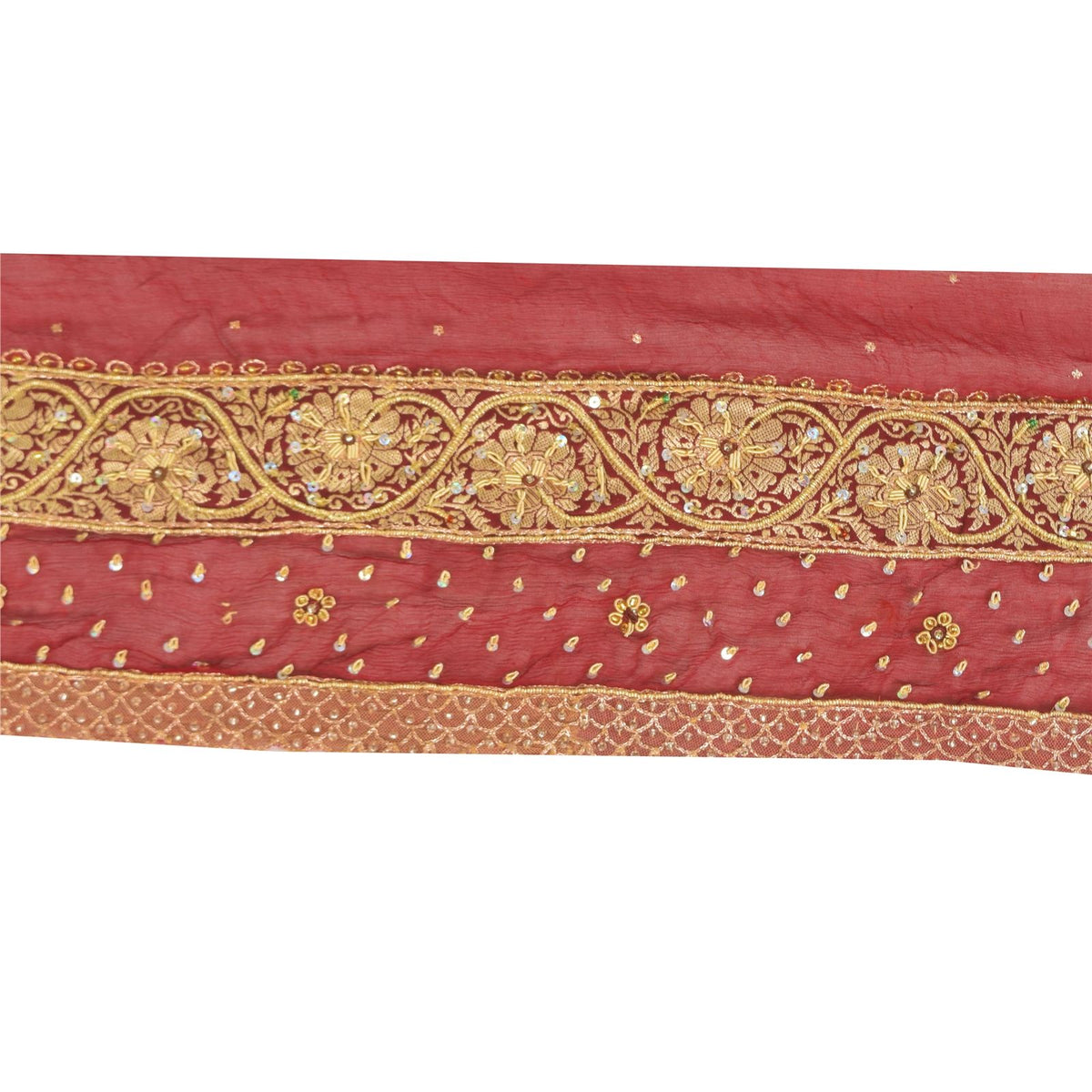 Sanskriti Vintage Hand Embroidered Chiffon Heavy Sari Border 1 Yd 6.4"W Red Lace