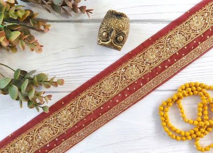 Sanskriti Vintage Hand Embroidered Chiffon Heavy Sari Border 1 Yd 6.4"W Red Lace