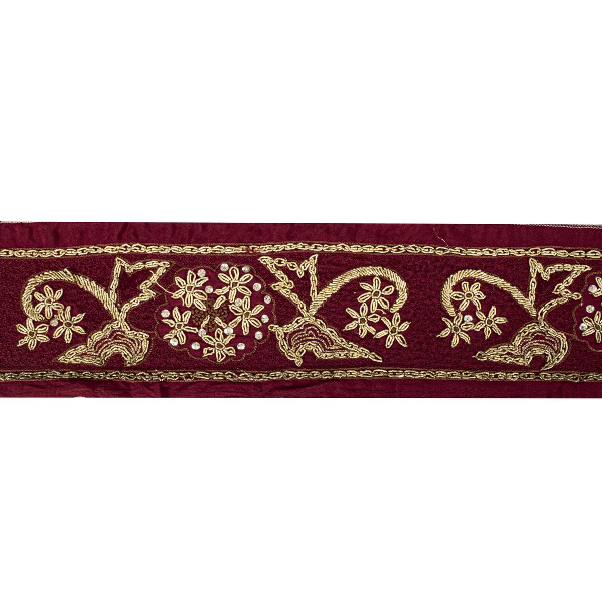 Sanskriti Vintage Hand Embroidered 1 Yard Heavy Sari Border Pure Silk Brown Lace