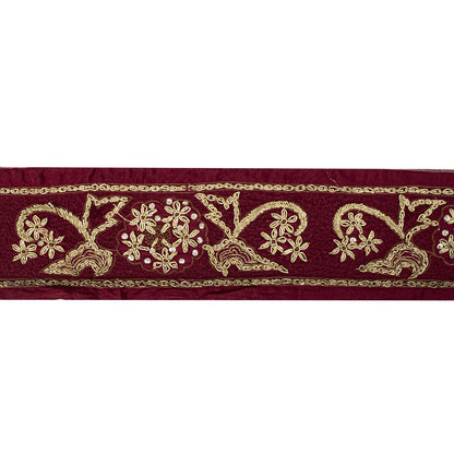 Sanskriti Vintage Hand Embroidered 1 Yard Heavy Sari Border Pure Silk Brown Lace
